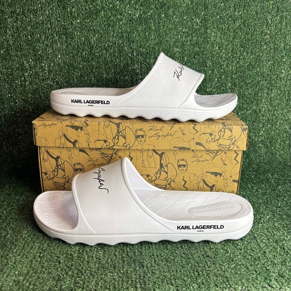 NEW Karl Lagerfeld Paris Signature Script Logo Pool Slide Sandals‎ White Mens 13
